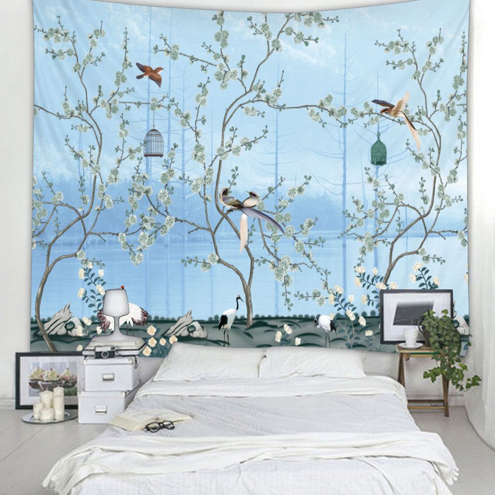 BohemianBlue Flowers And Birds Wall Hanging Bedding Tapestry (150*150CM) view 3