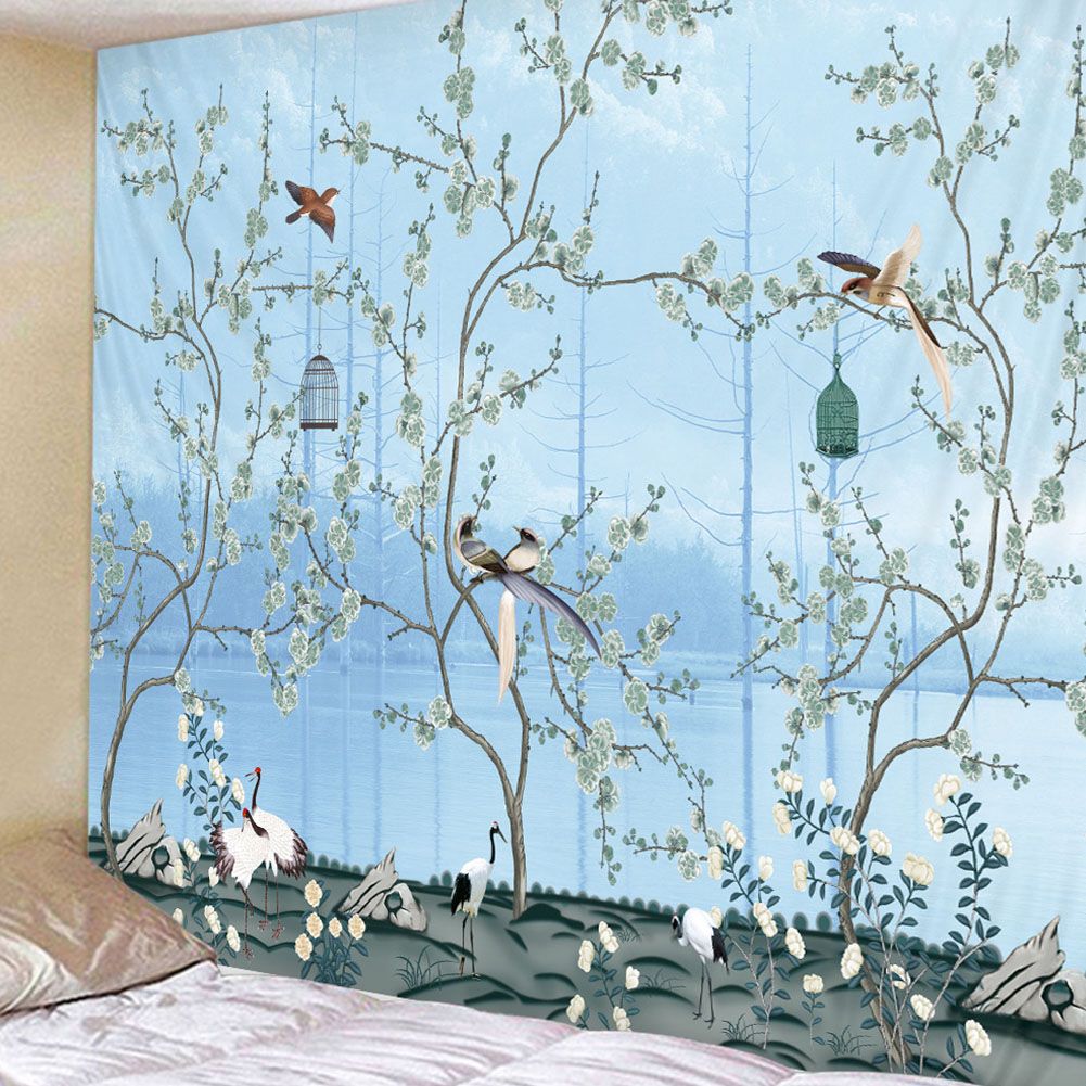 BohemianBlue Flowers And Birds Wall Hanging Bedding Tapestry (150*150CM) view 5