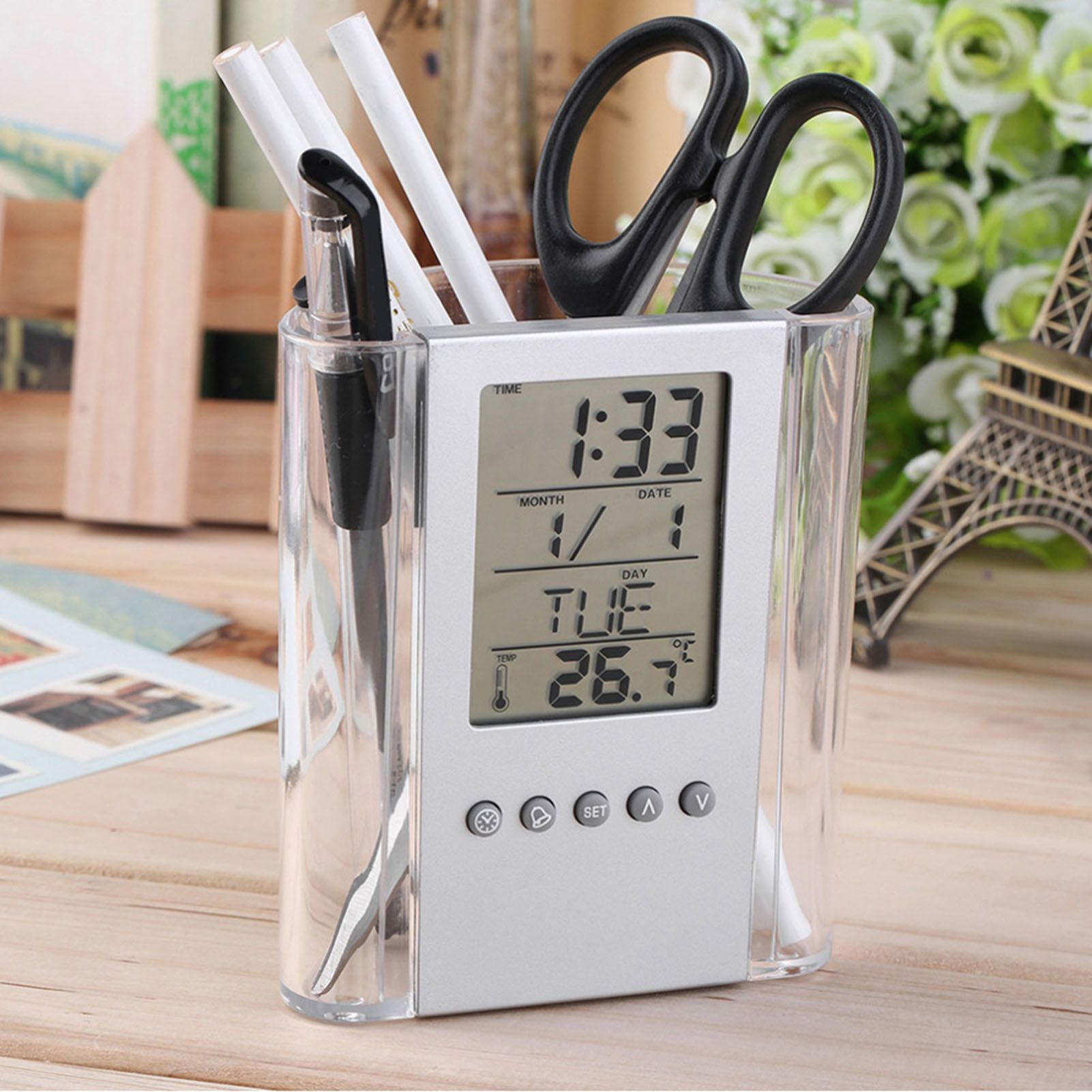 Digital Alarm Clock Temperature Display Table Pencil Holder Case Organizer