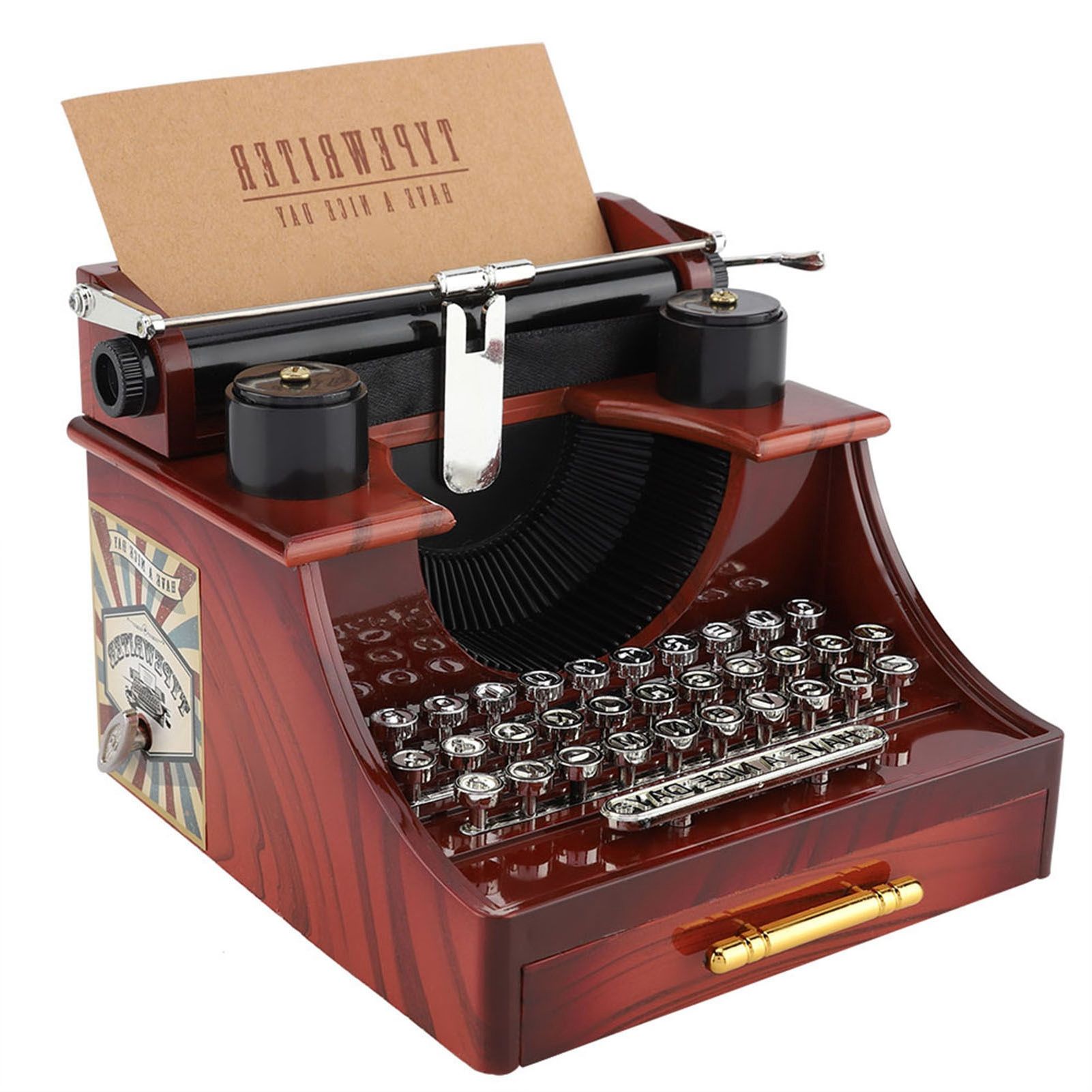 Vintage Typewriter Style Mechanical Music Box Gift Jewelry Box with Drawer view 3