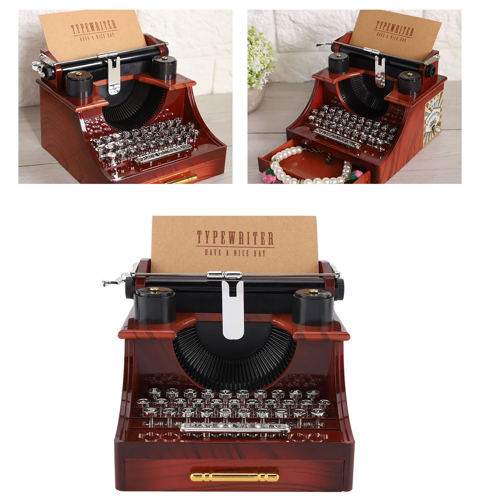 Vintage Typewriter Style Mechanical Music Box Gift Jewelry Box with Drawer view 5