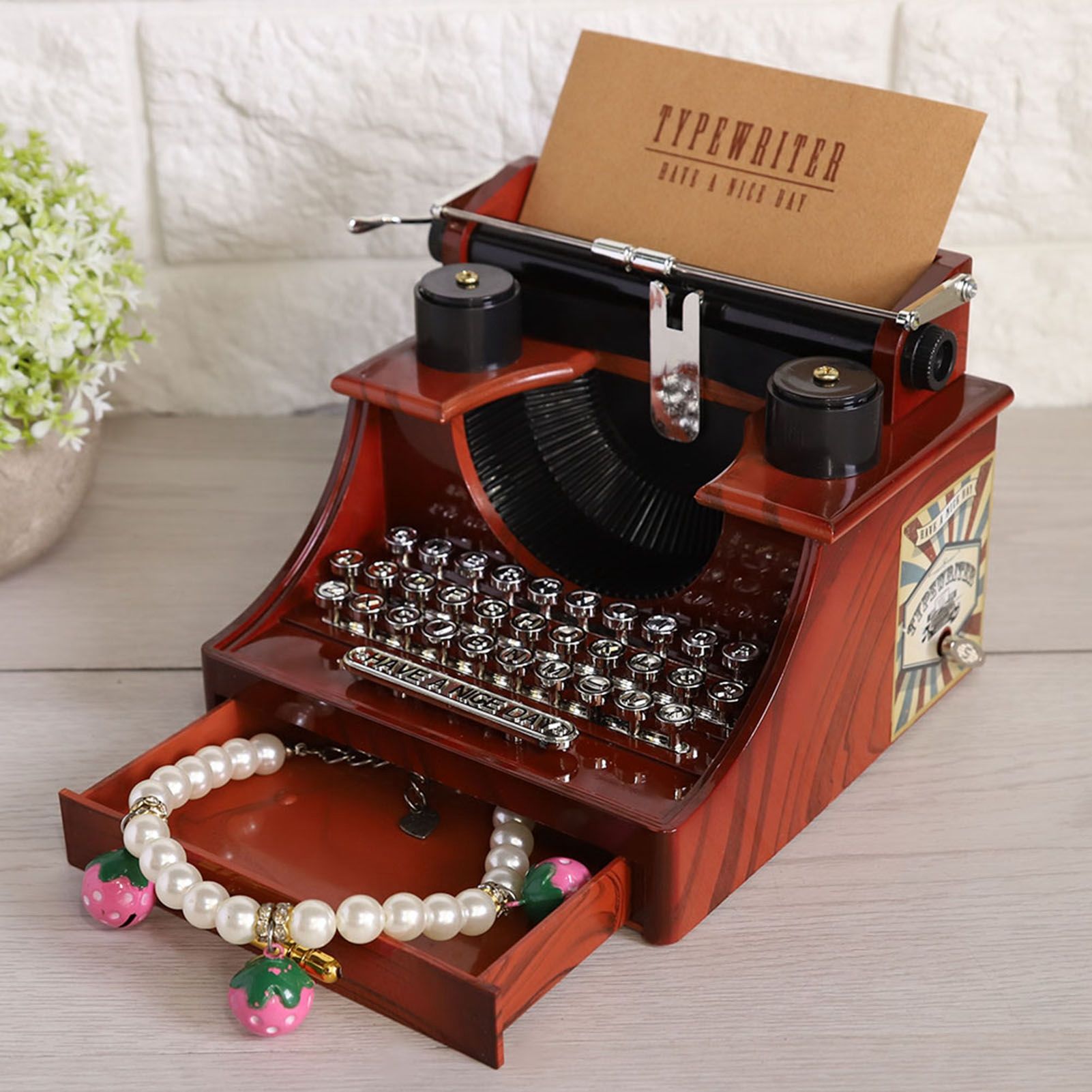 Vintage Typewriter Style Mechanical Music Box Gift Jewelry Box with Drawer view 9