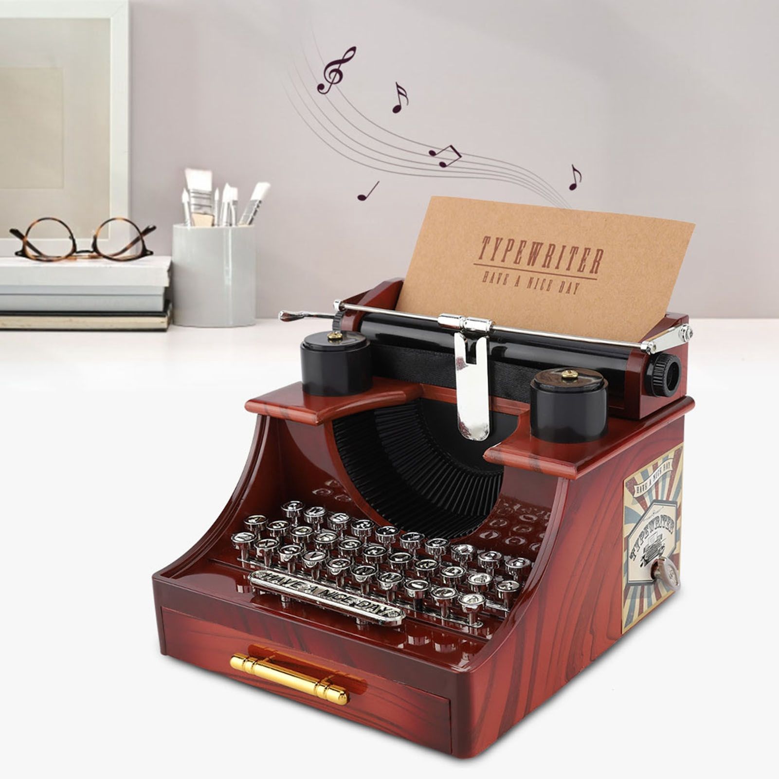 Vintage Typewriter Style Mechanical Music Box Gift Jewelry Box with Drawer view 11