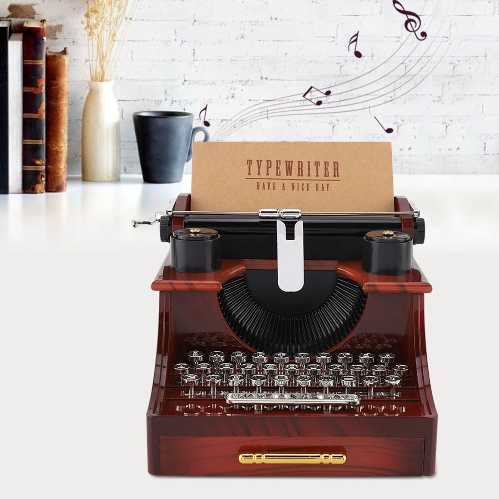 Vintage Typewriter Style Mechanical Music Box Gift Jewelry Box with Drawer view 12
