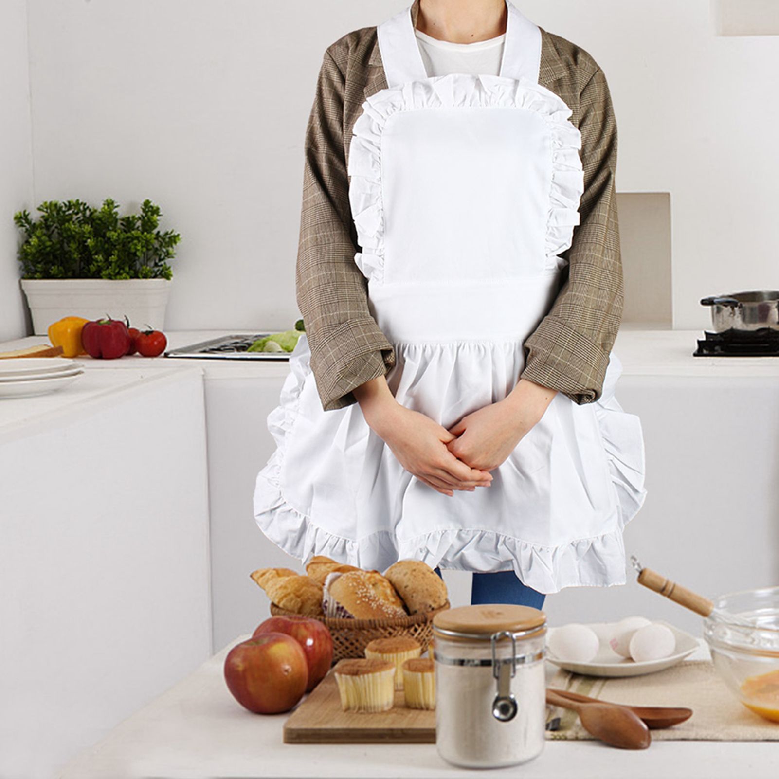 White Cotton Women Maid Apron Ruffle Hem Kitchen Solid Color Apron view 3