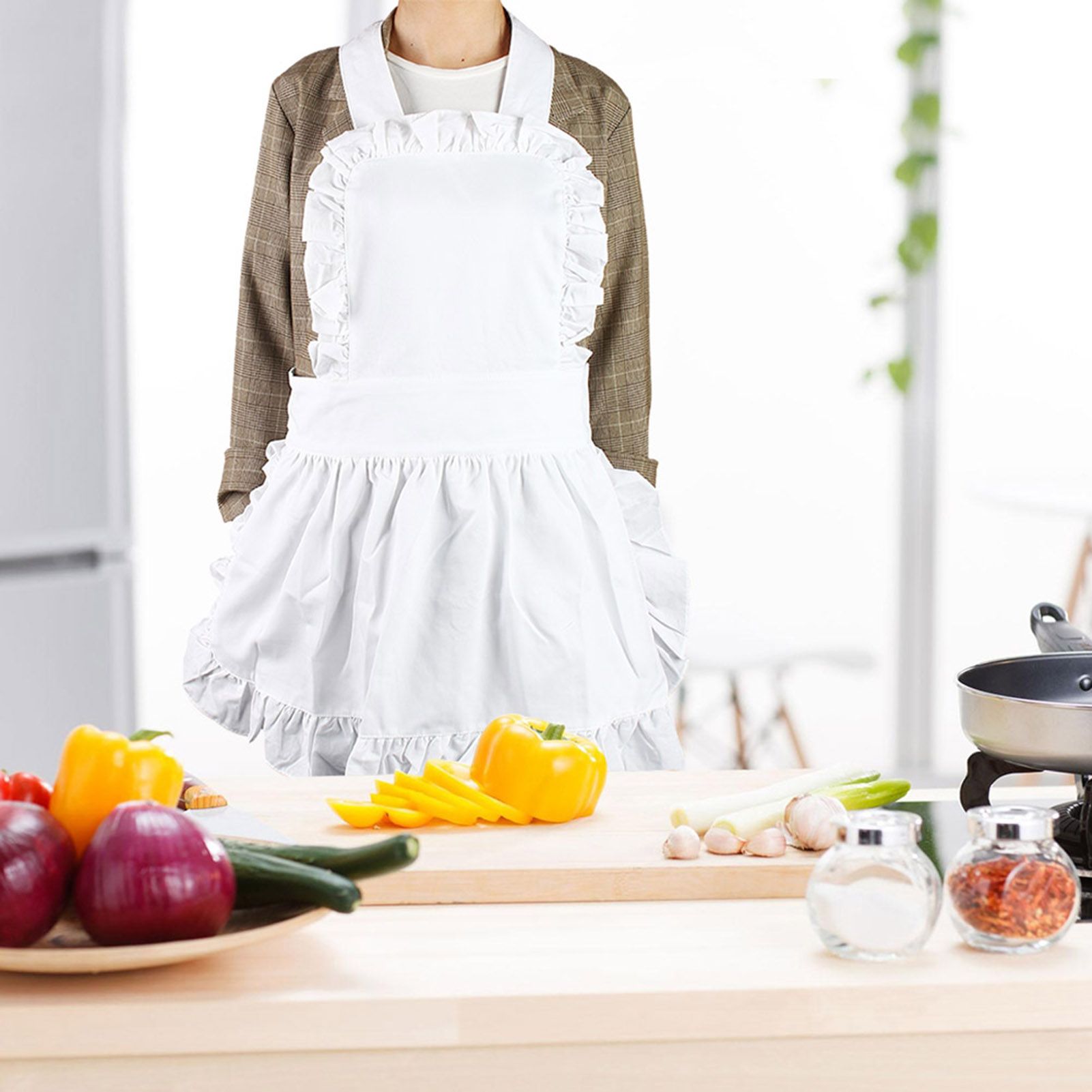White Cotton Women Maid Apron Ruffle Hem Kitchen Solid Color Apron view 4
