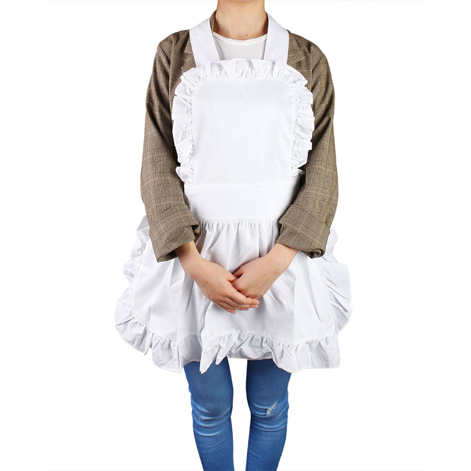 White Cotton Women Maid Apron Ruffle Hem Kitchen Solid Color Apron view 6