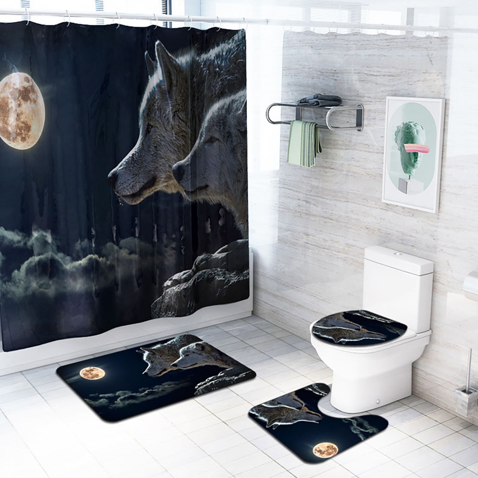 3PCS Night Theme Shower Waterproof Non Slip Bathroom Mat Rug Toilet Lid Cover Set view 3