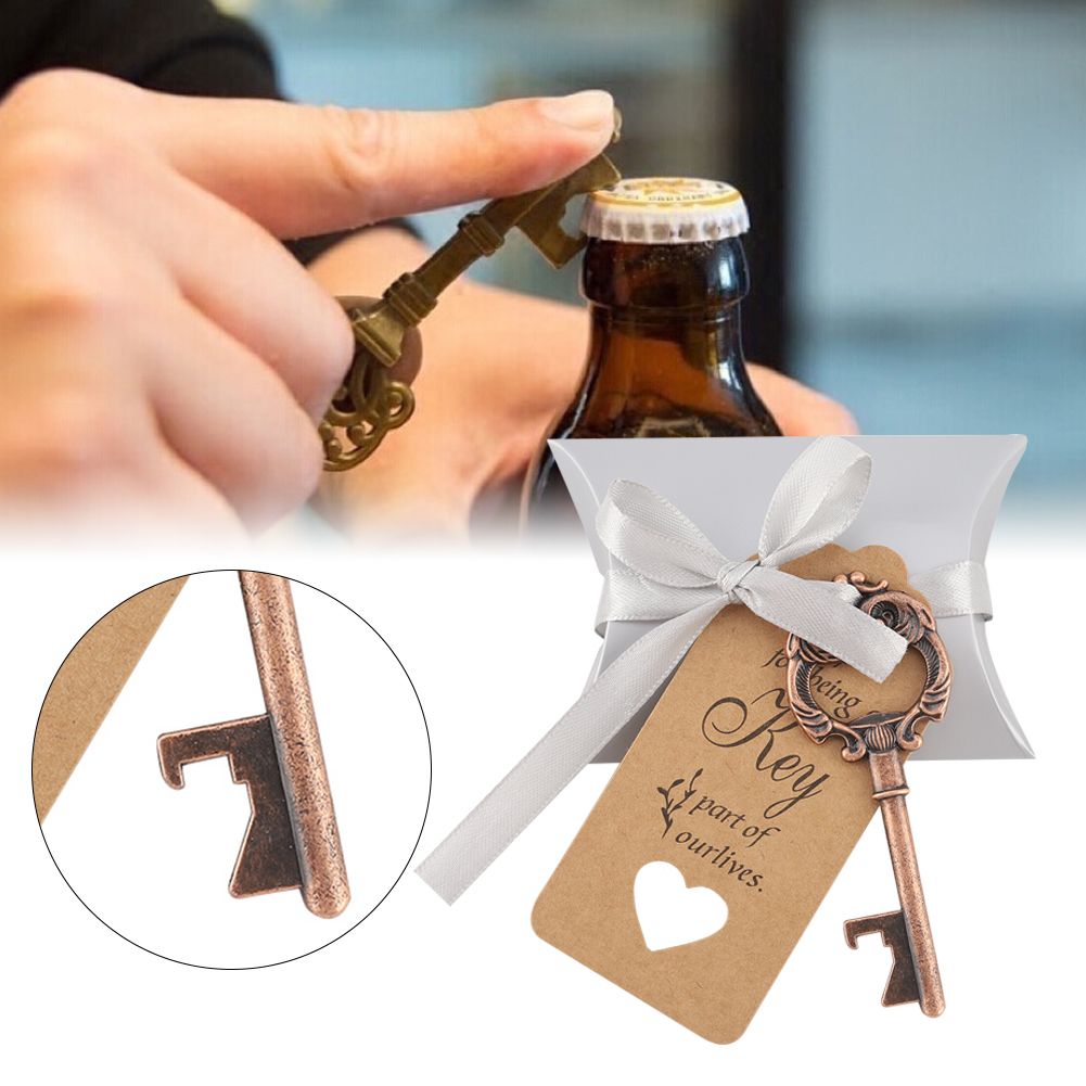 Vintage Bronze Keys Bottle Opener With Escort Tags Card Silk Ribbon Wedding view 4