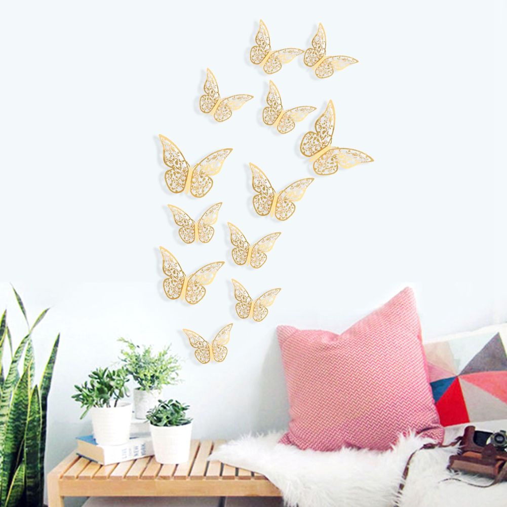 12Pcs 3D Hollow Butterfly Wall Stickers Metal Texture Living Room Bedroom Home