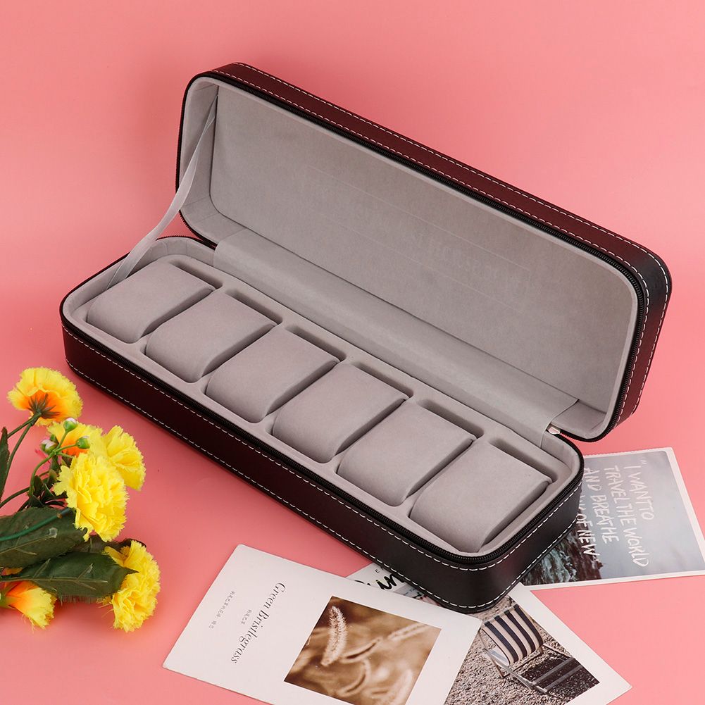 6 Slot PU Leather Watch Storage Case Organizer Display Box Separated Compartments view 3