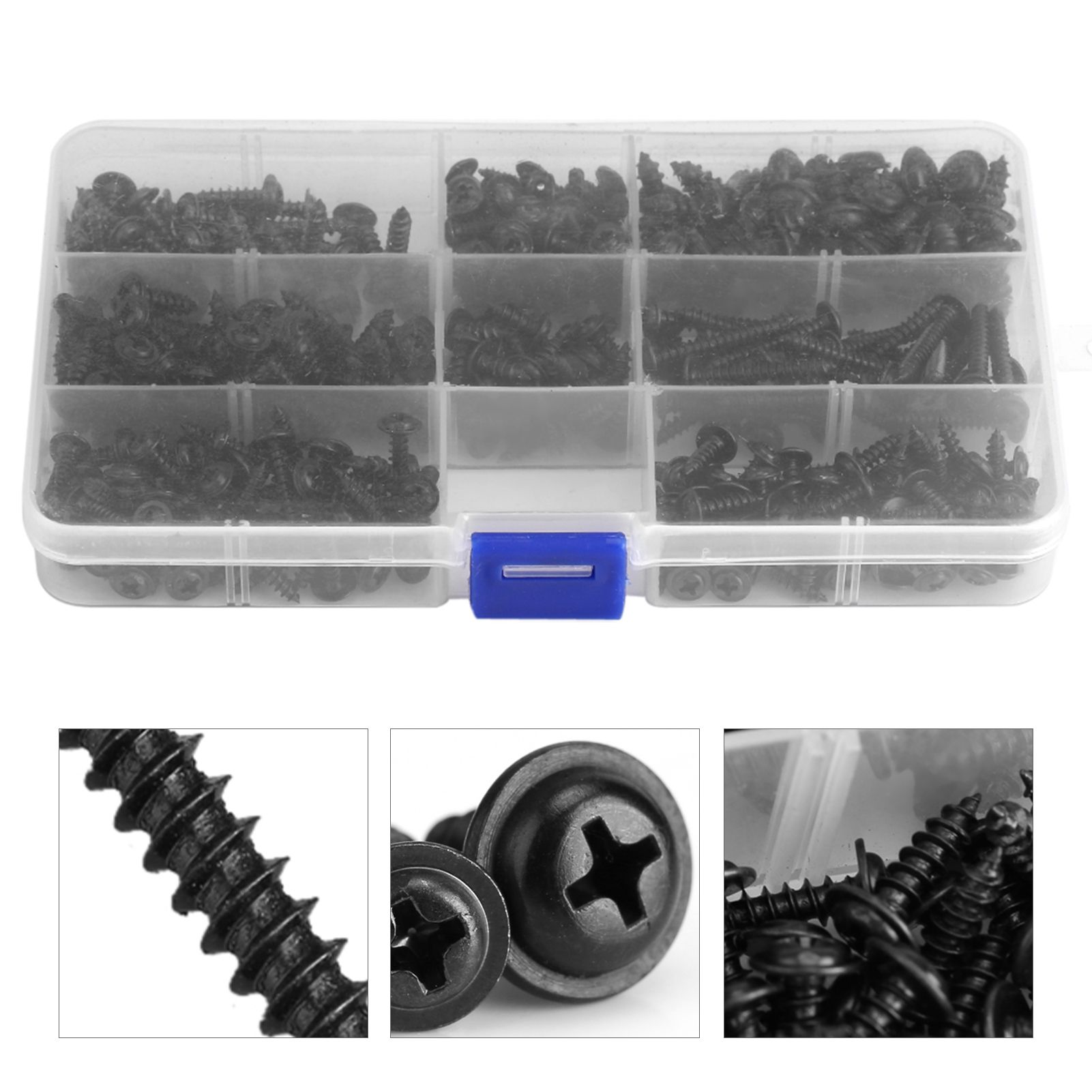 340Pcs Flange Self Tapping Screws Bolt Cross Head Black Assorted Set with Case view 9