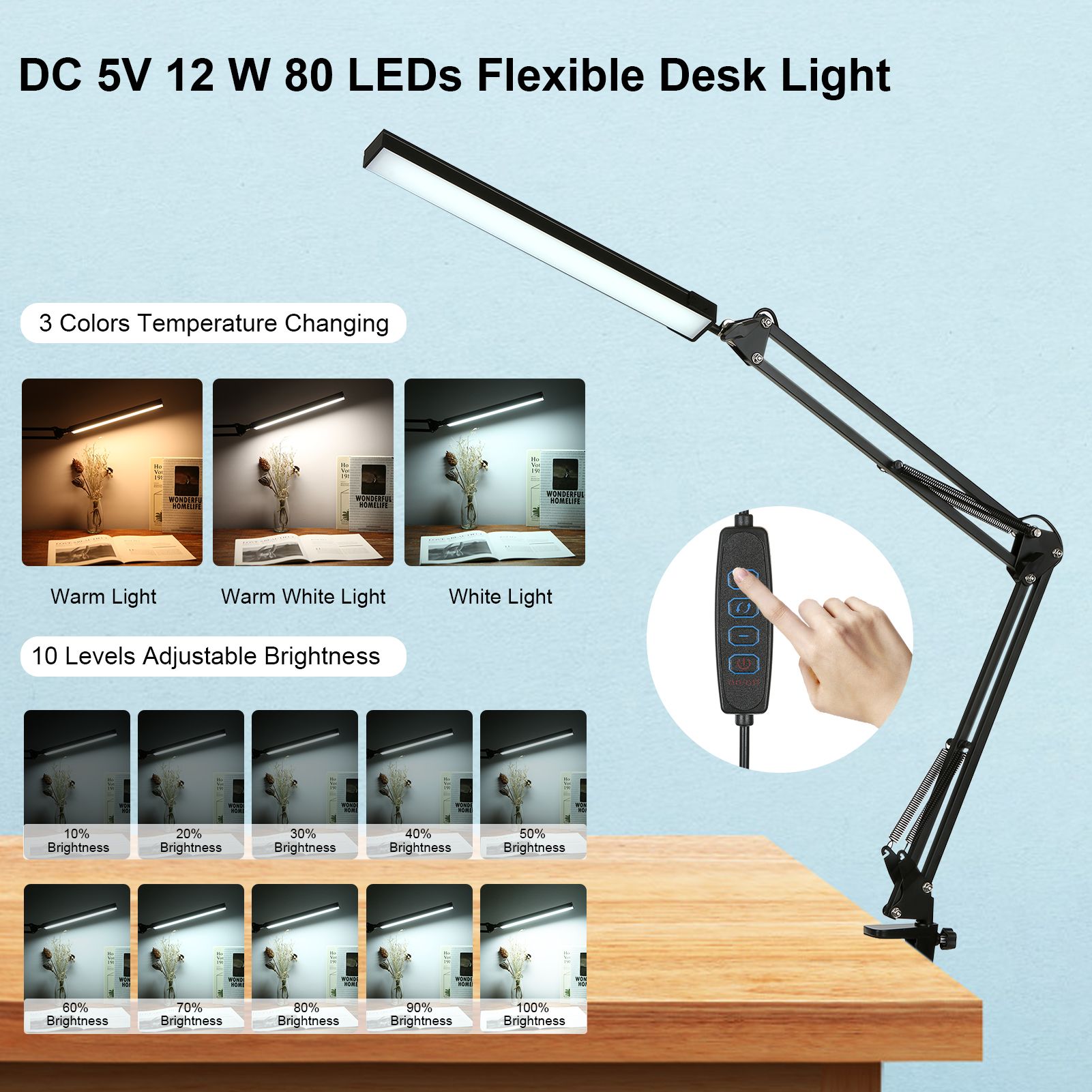 D C 5 V 12 W 80 LEDs Desk Light Table Lamp USB Powered Operated 10 Levels — image 1