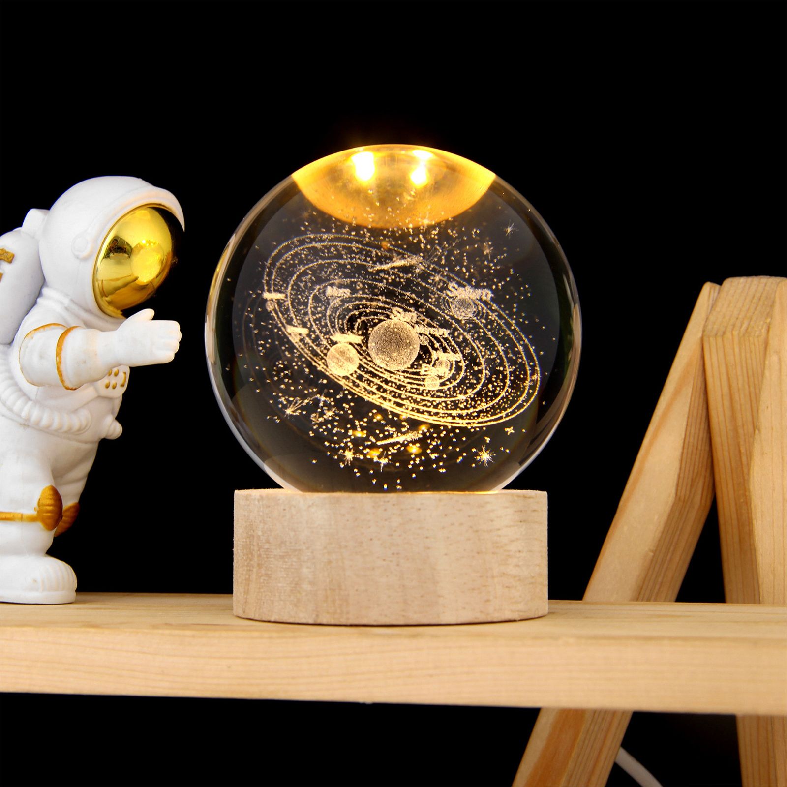 3D Crystal Ball with Warm Light Wooden Base Small Night Light Desktop view 4