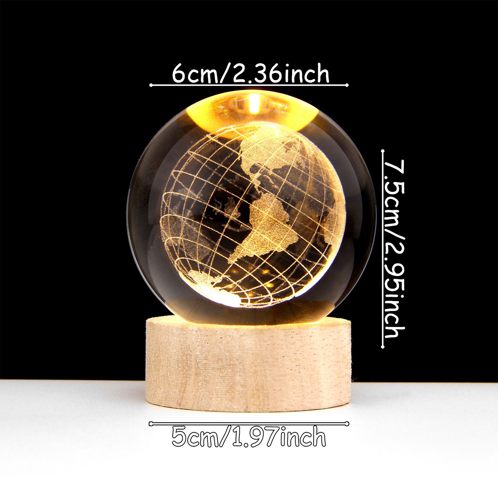 3D Crystal Ball with Warm Light Wooden Base Small Night Light Desktop view 2
