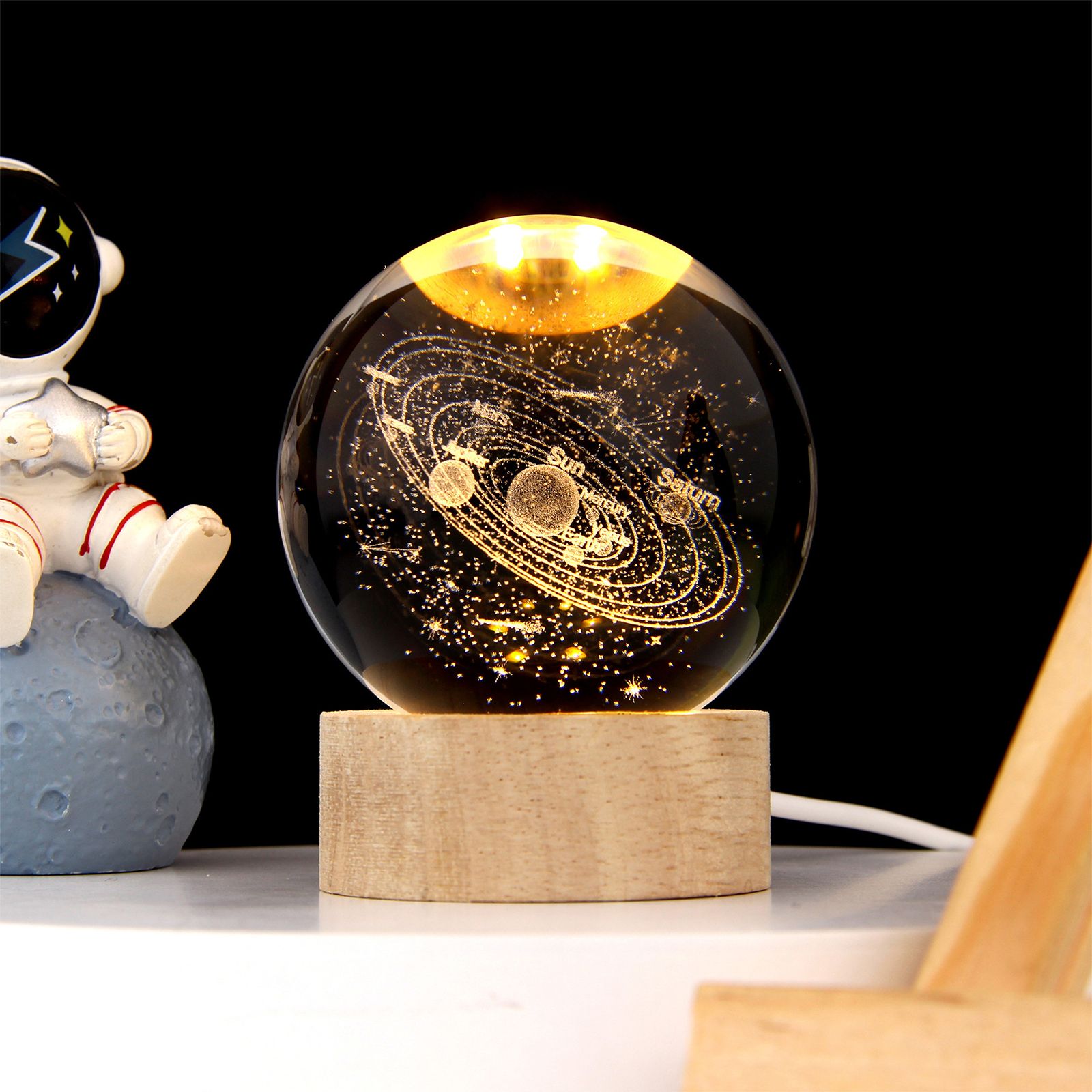 3D Crystal Ball with Warm Light Wooden Base Small Night Light Desktop view 5