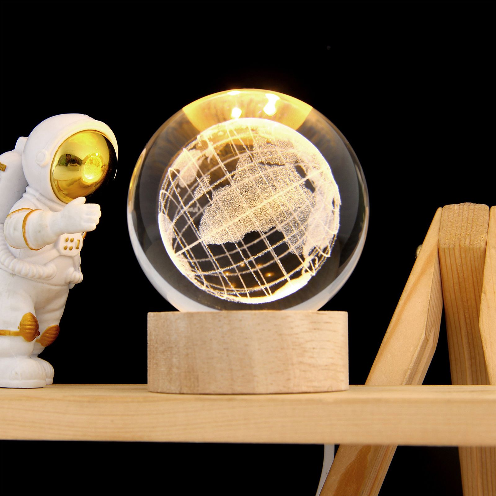 3D Crystal Ball with Warm Light Wooden Base Small Night Light Desktop view 8