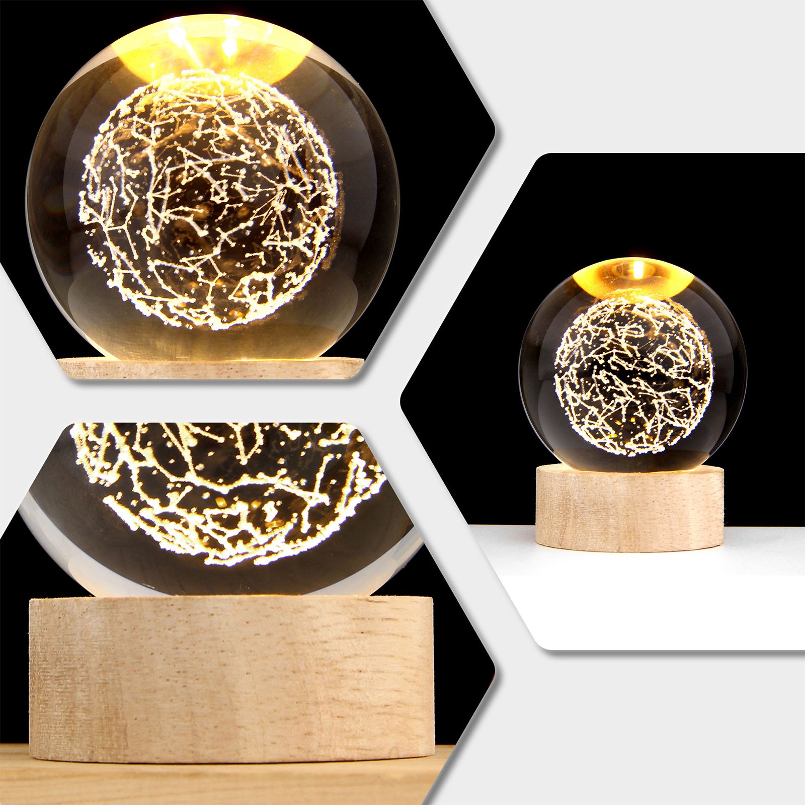 3D Crystal Ball with Warm Light Wooden Base Small Night Light Desktop view 11