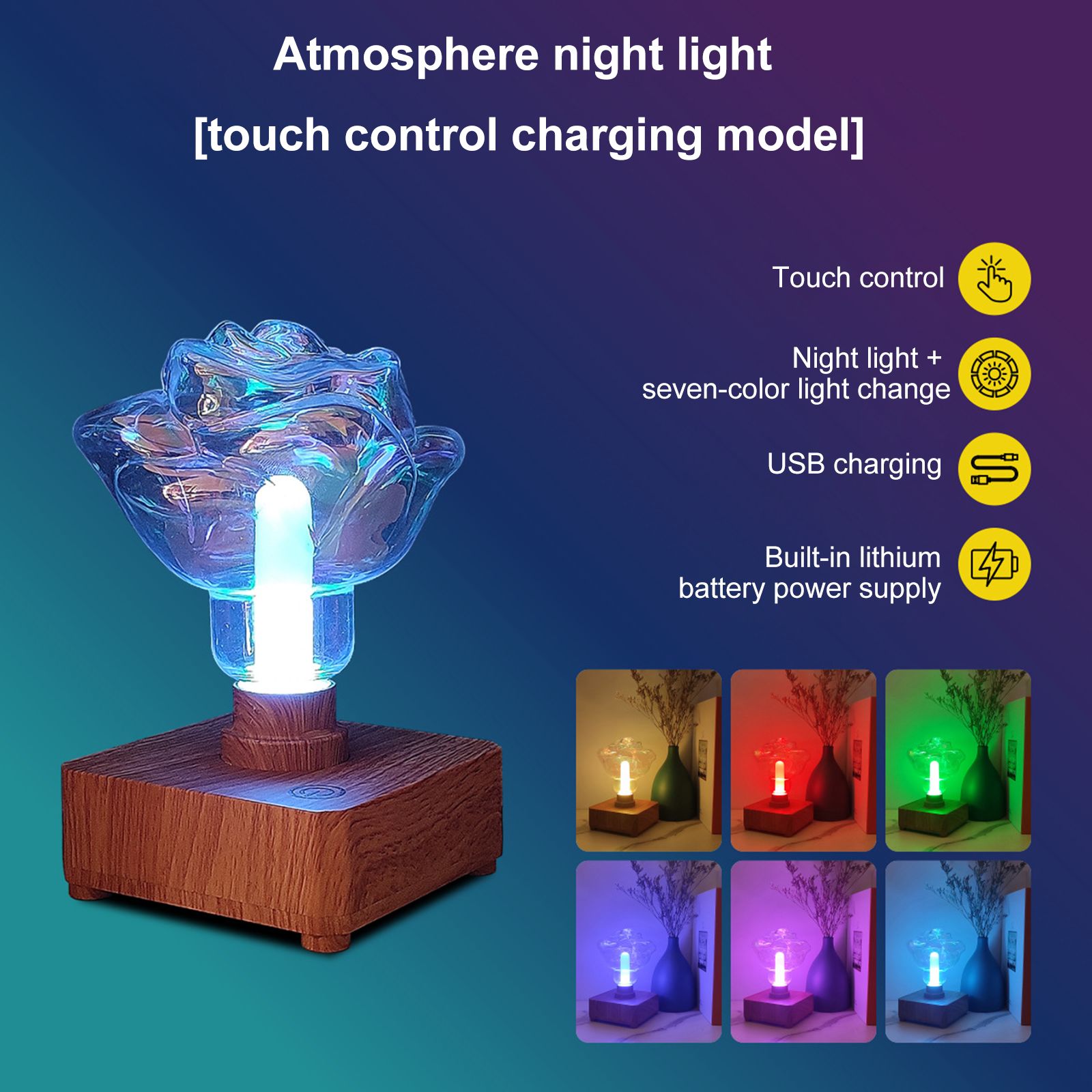 LED Rose Ambiance Night Light Romantic Warm Bedroom Touch Control Desktop USB view 8