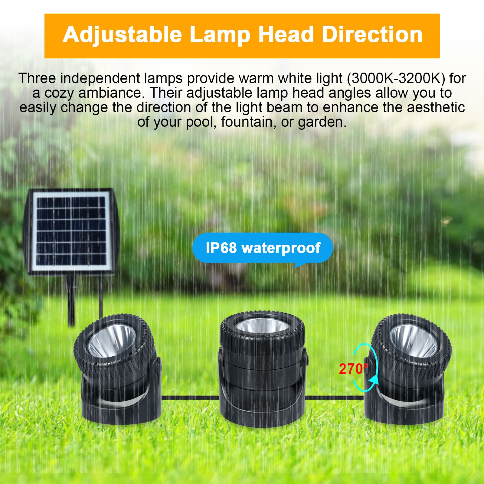 Three Heads Solar Pond Light Underwater Spotlights Waterproof Outdoor view 6
