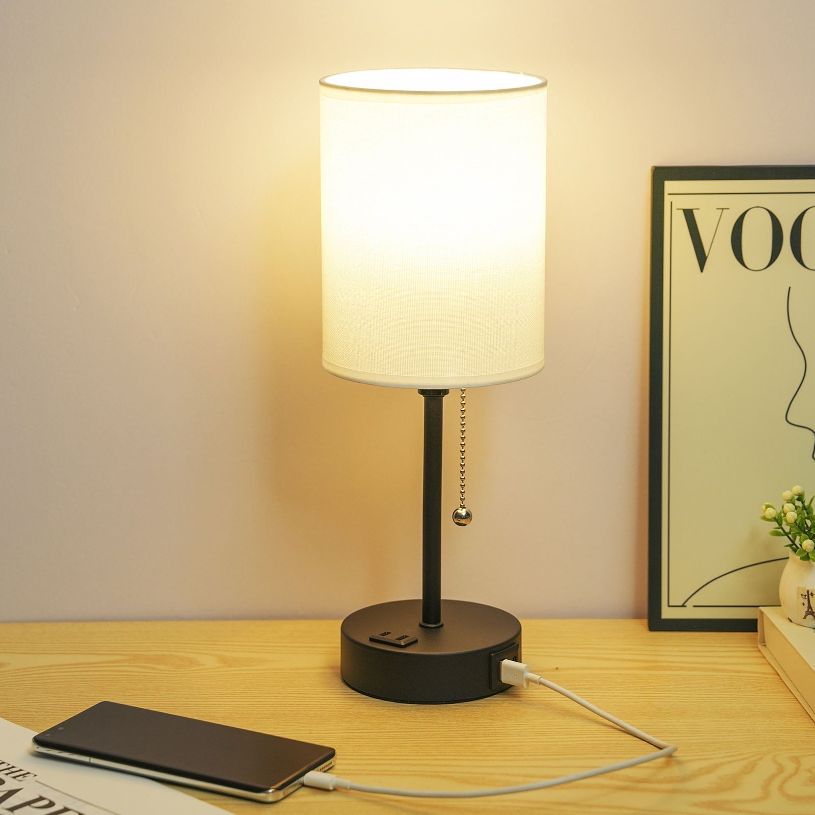 Fabric Bedside Table Lamp Bedroom Nightstand Lamp with LED Bulb 3 Color view 2