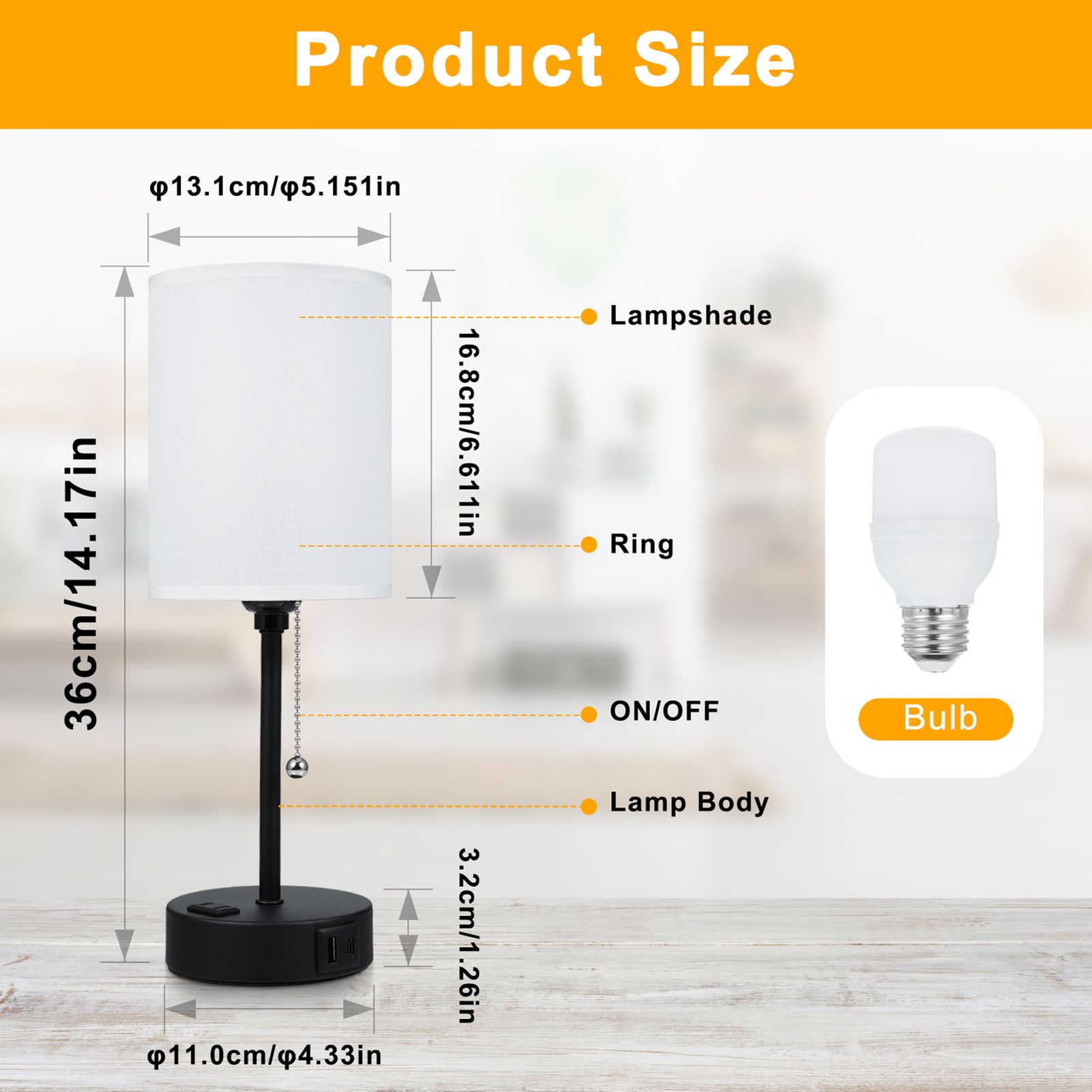 Fabric Bedside Table Lamp Bedroom Nightstand Lamp with LED Bulb 3 Color view 8