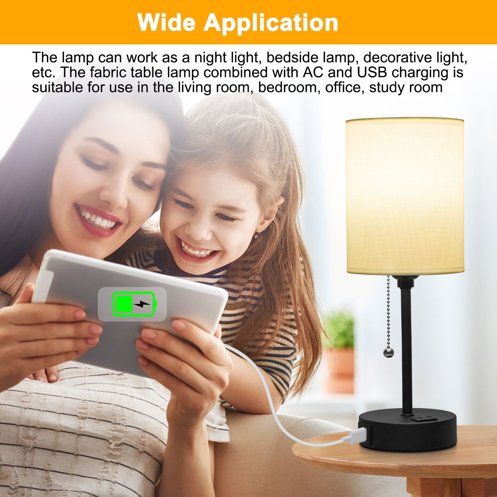 Fabric Bedside Table Lamp Bedroom Nightstand Lamp with LED Bulb 3 Color view 10