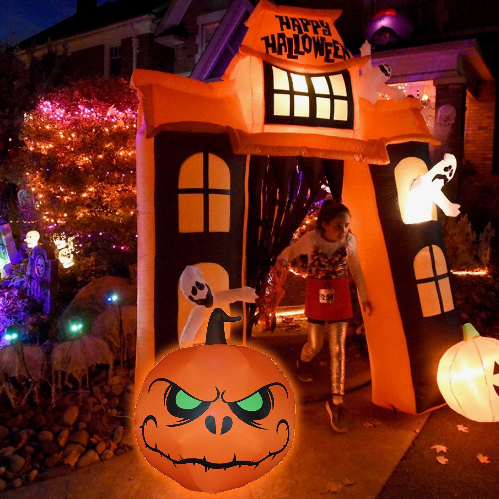 3.9FT Halloween Inflatable Pumpkin LEDs Blow Up Green-eyed Pumpkin Inflatables view 9