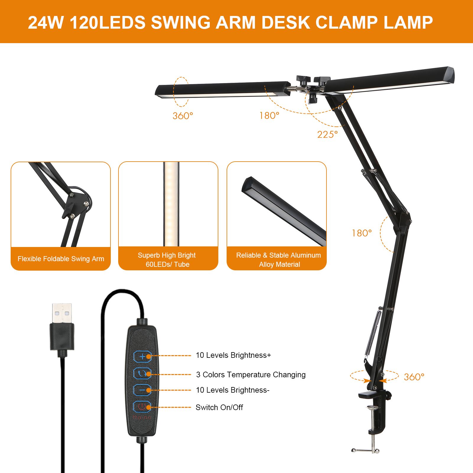 Neoglint D C5V 2A 24W 120LEDs Swing Arm Desk Lamp with Clamp Architect Table view 2