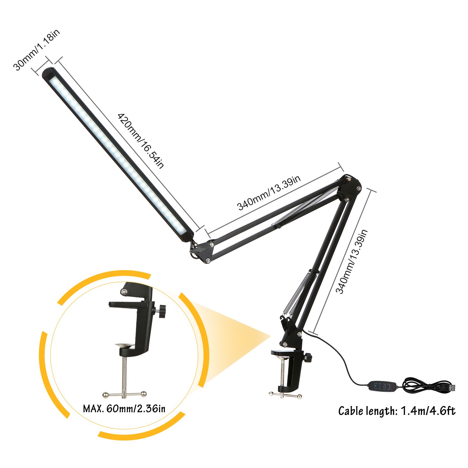 Tomshine LEDs Desk Lamp with Clamp Eye-Caring Dimmable Reading Light 3 Color