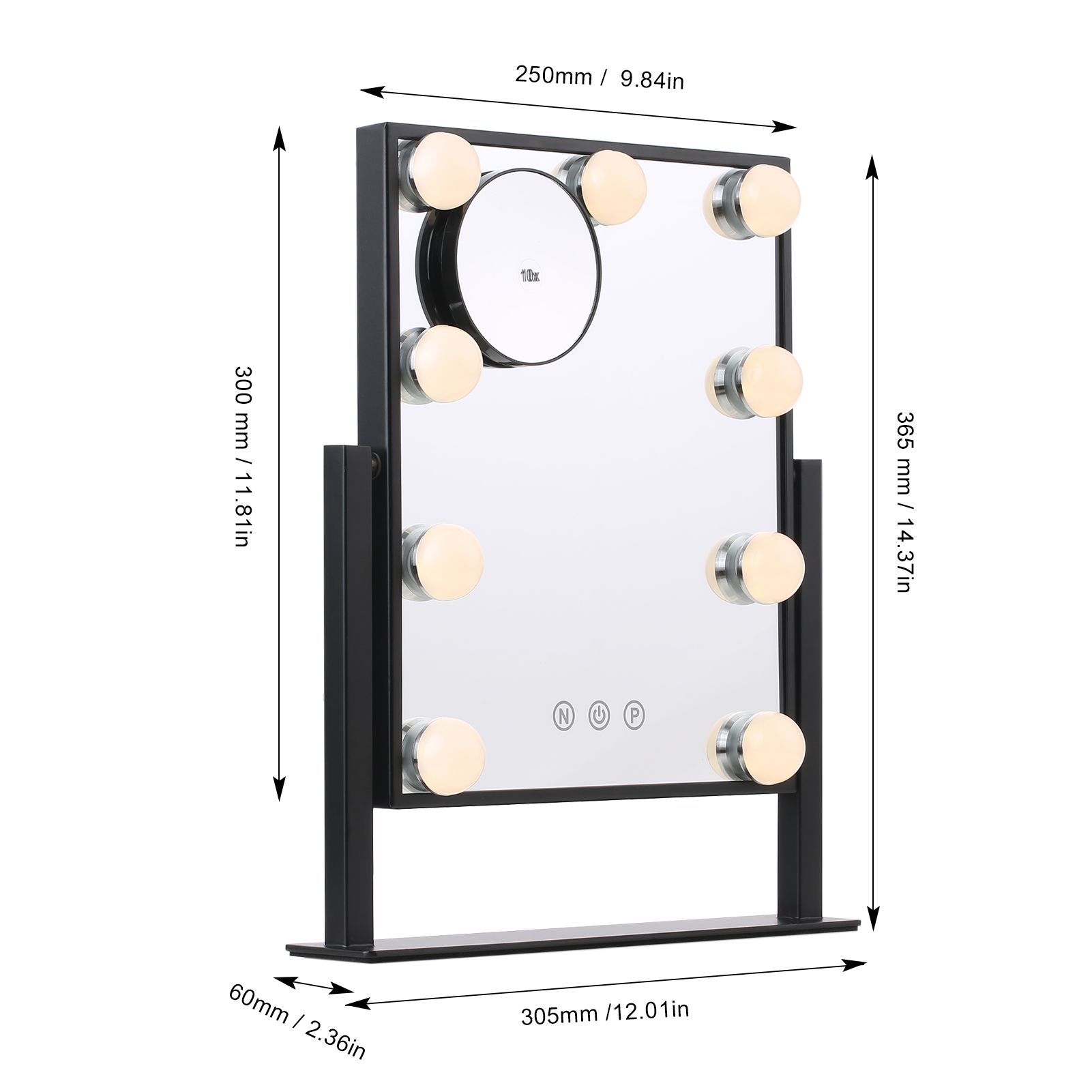 Vanity Makeup Mirror with 9 Light Bulbs Touching Control 3 Color Lighting view 2