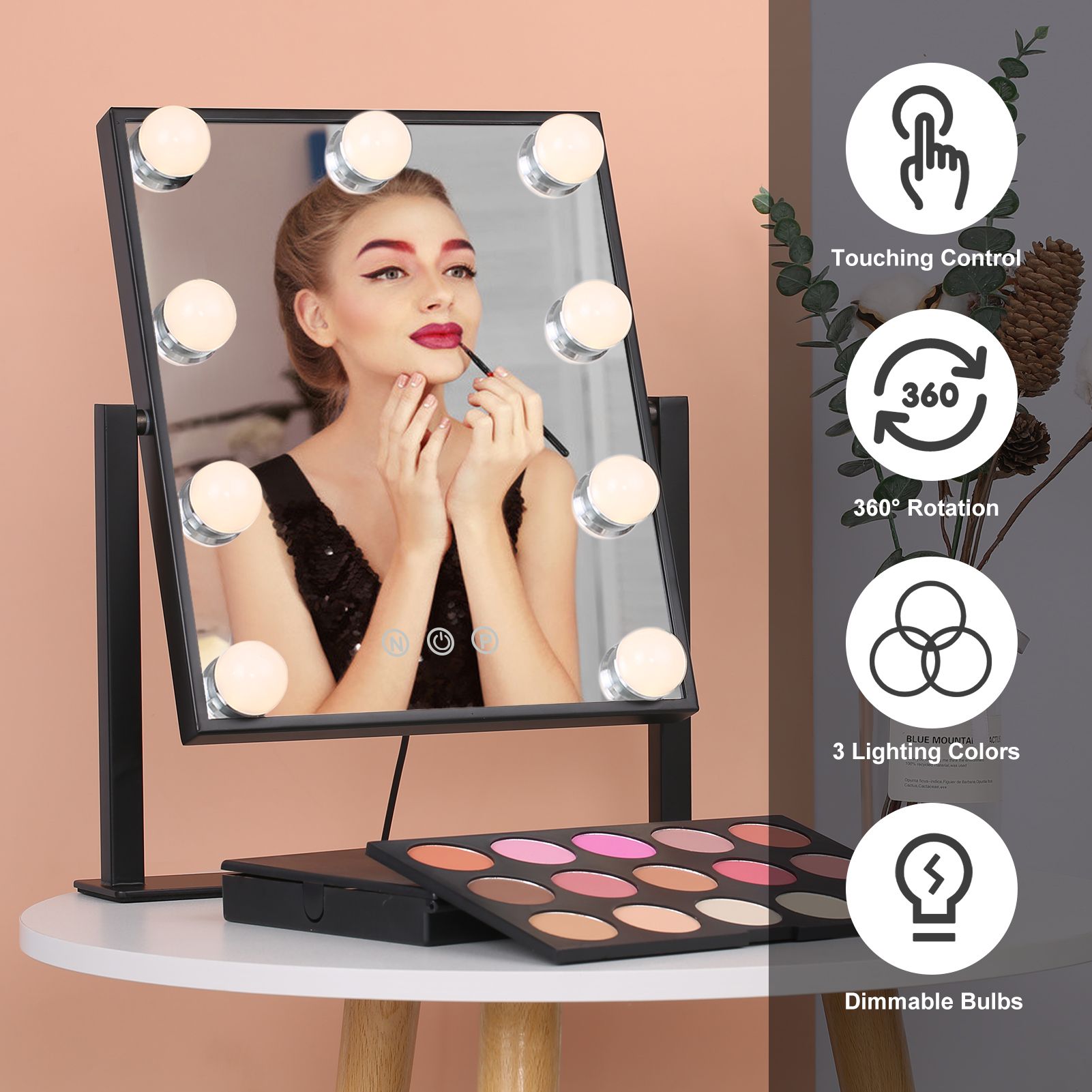Vanity Makeup Mirror with 9 Light Bulbs Touching Control 3 Color Lighting view 4
