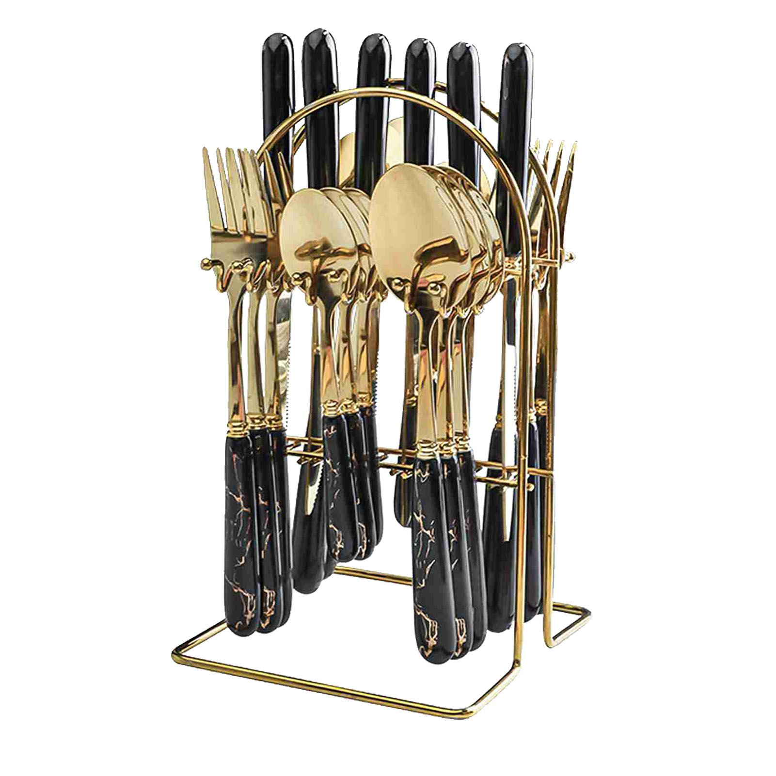 Cutlery Set Black Gold Rimmed Ceramic Stainless Steel Spoons Forks Cutting