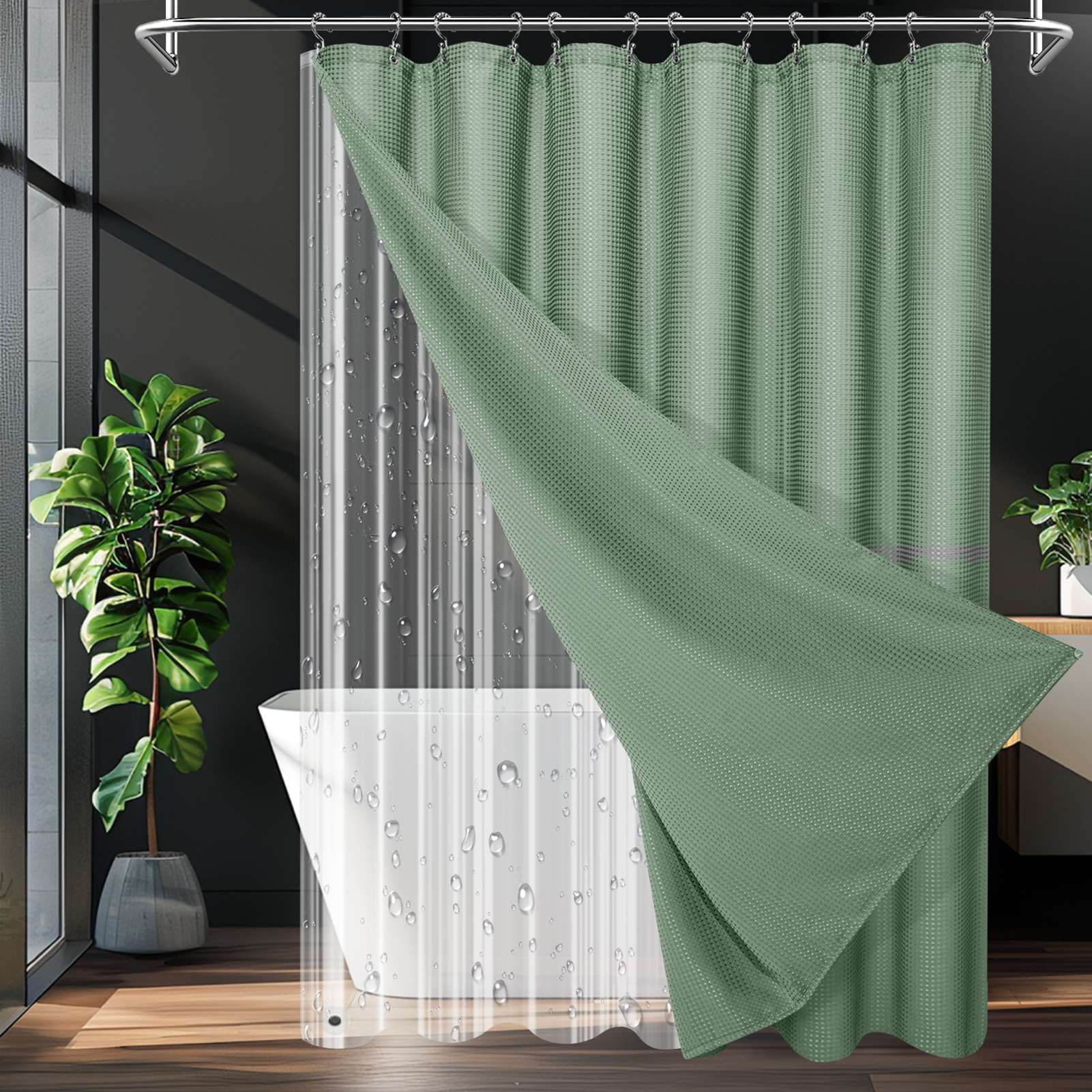 Bath Shower Curtain Set 230gsm Waffle Shower Curtain Thick PEVA Liner Triple — image 1