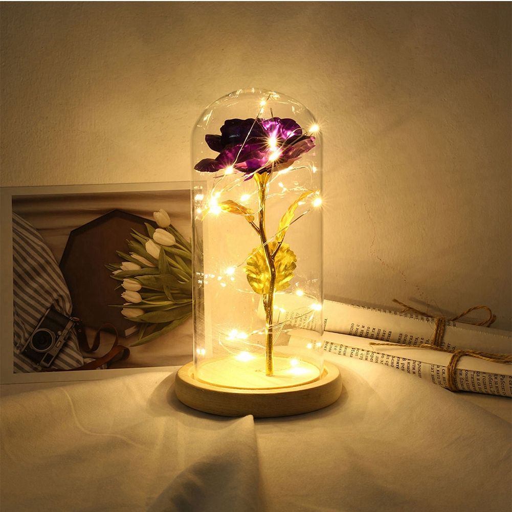 LED Rose Bedside Lamp Glass Night Light Birthday Gift Home Decoration (Purple) view 6