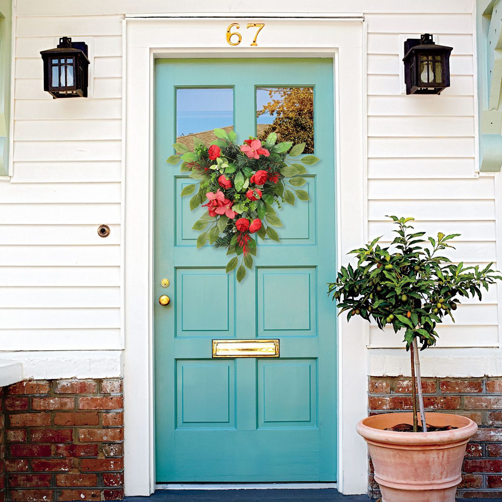 Red Tea Bud Hydrangea Upside down Tree PVC Green Plant Door Hanging Home view 3