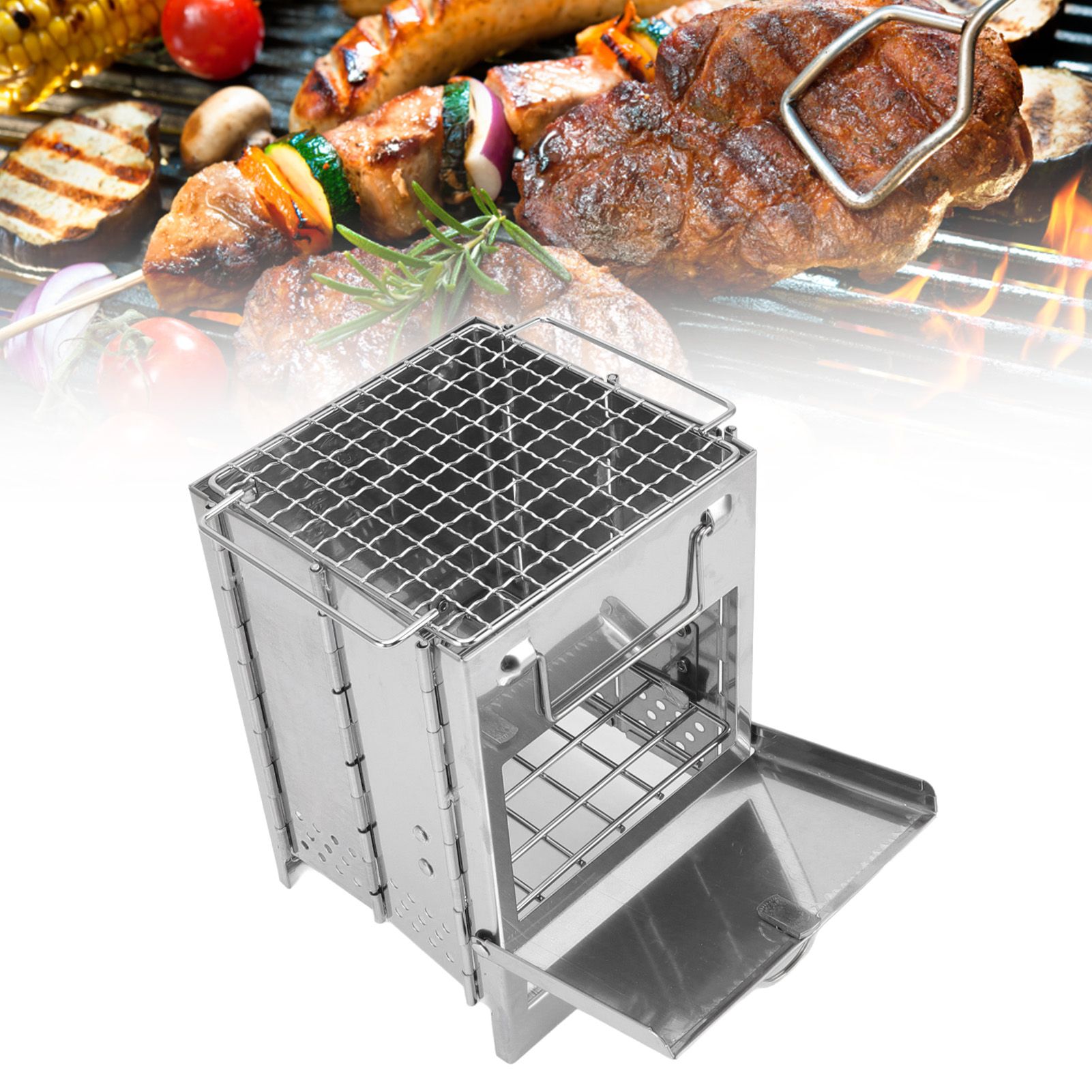 Camping Wood Stove Foldable Stainless Steel Integrated Mini BBQ Grill for Warm view 11
