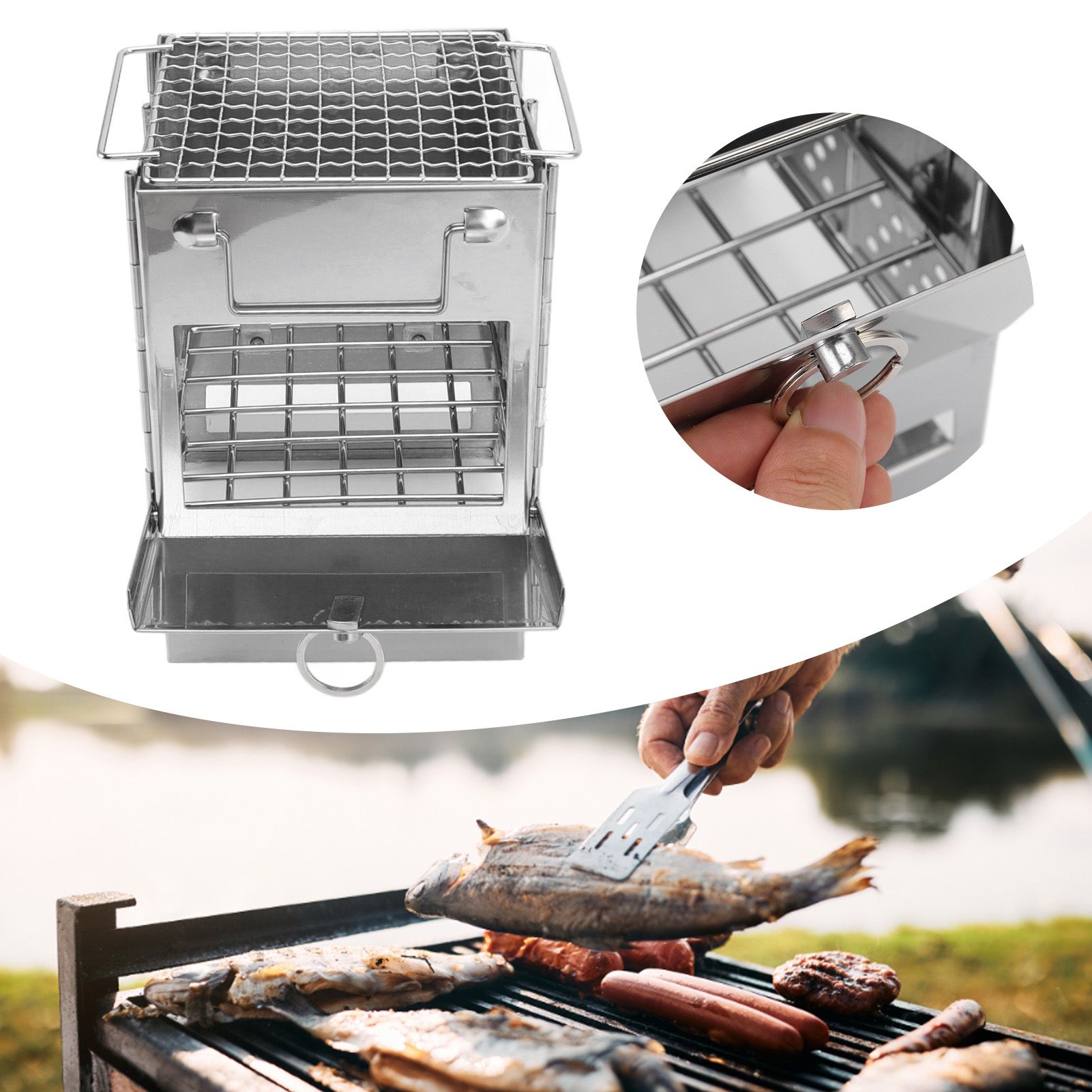 Camping Wood Stove Foldable Stainless Steel Integrated Mini BBQ Grill for Warm view 12