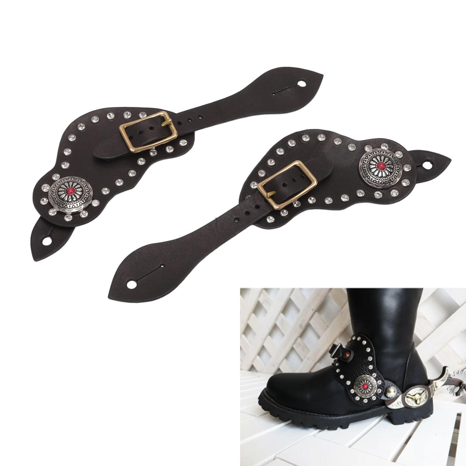 1Pair Spur Strap Leather Rhinestone Western Vintage Style Horse Riding view 11