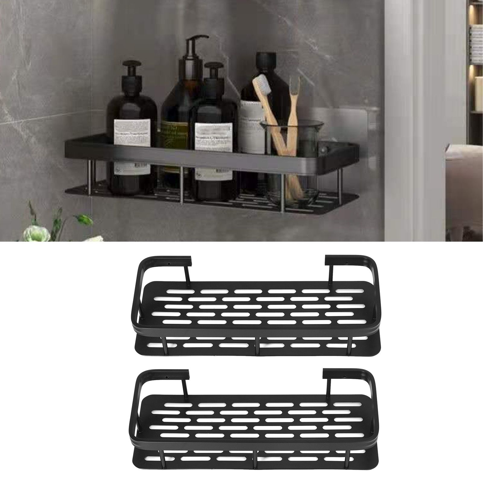 Shower Caddy Double Layer Rectangle Shape Space Saving Aluminum Punching Free view 12