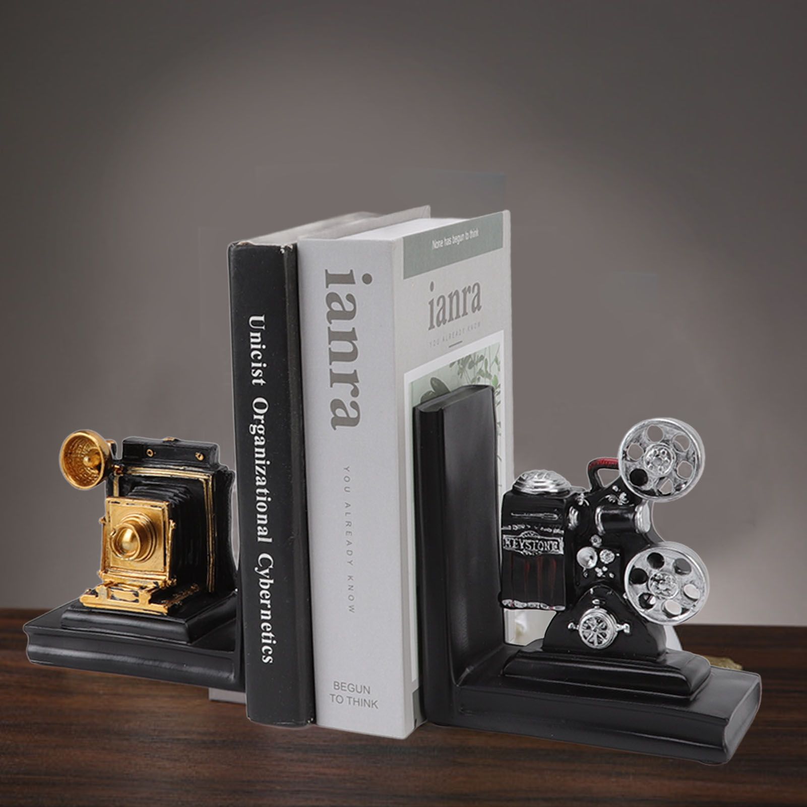 One Pair Shelf Book Ends Movie Projector Designed Resin Bookend Decoration for view 12
