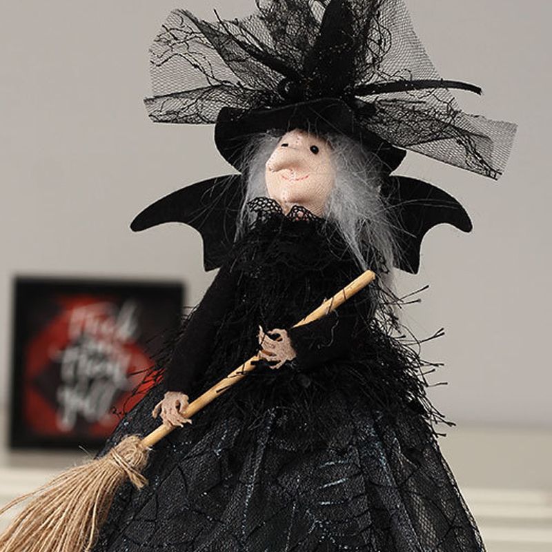 Halloween Decoration Witch Doll Dressed in Gauzy Skirt with Besom Desktop view 3