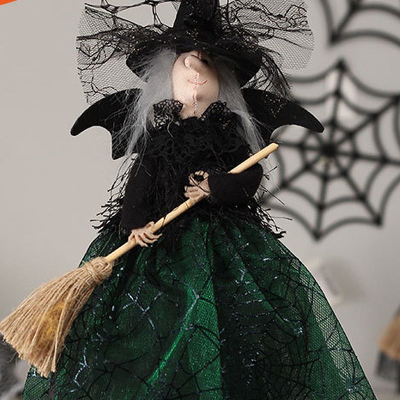 Halloween Decoration Witch Doll Dressed in Gauzy Skirt with Besom Desktop view 2