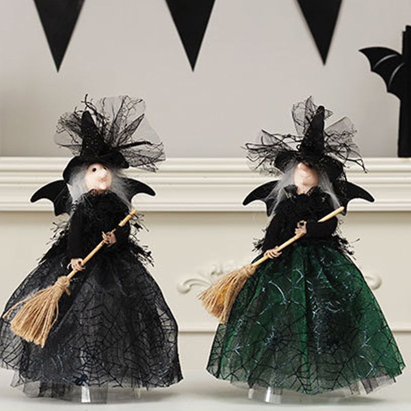 Halloween Decoration Witch Doll Dressed in Gauzy Skirt with Besom Desktop view 4