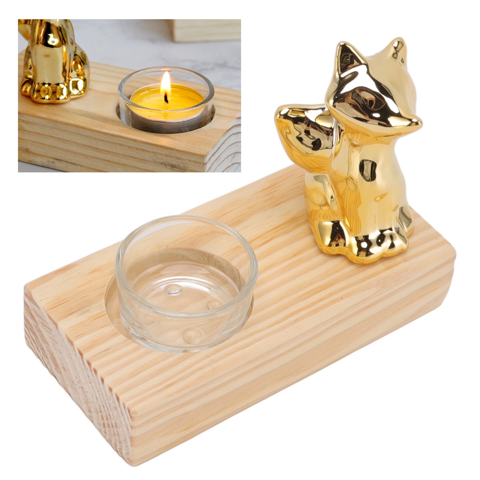 Tealight Candle Holder Walnut Glass Ceramic Decorative Golden Romantic Wooden view 12