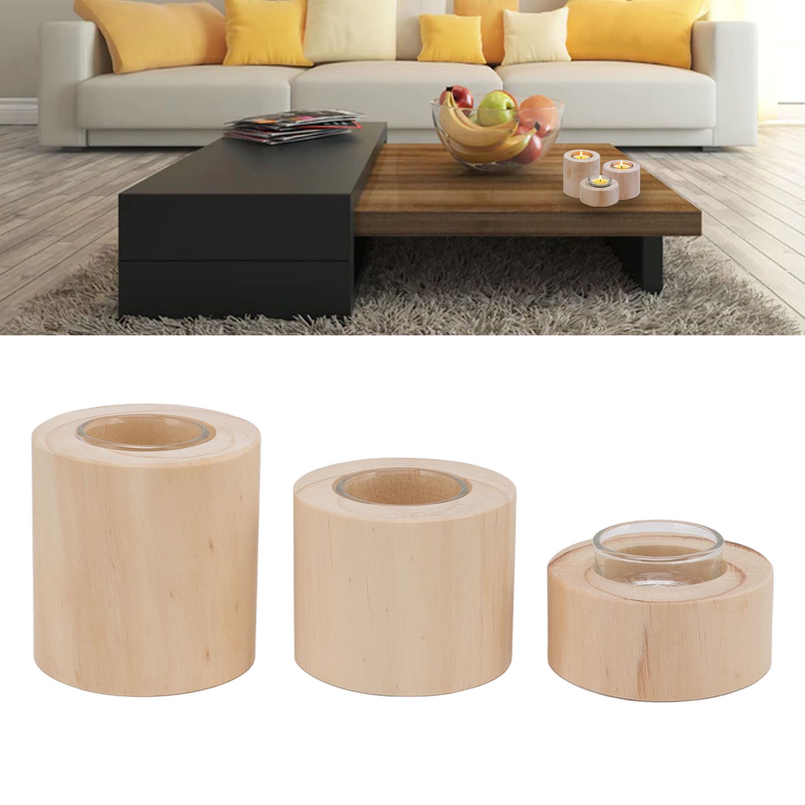 3Pcs Wooden Candle Cup Holders Low Medium High Simple Wooden Candlestick for view 12