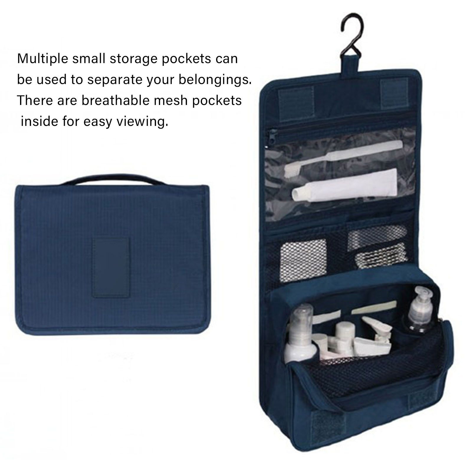 Hanging Toiletry Bag Cosmetic Bag Foldable Makeup Bag with Hook and Tote Navy view 3