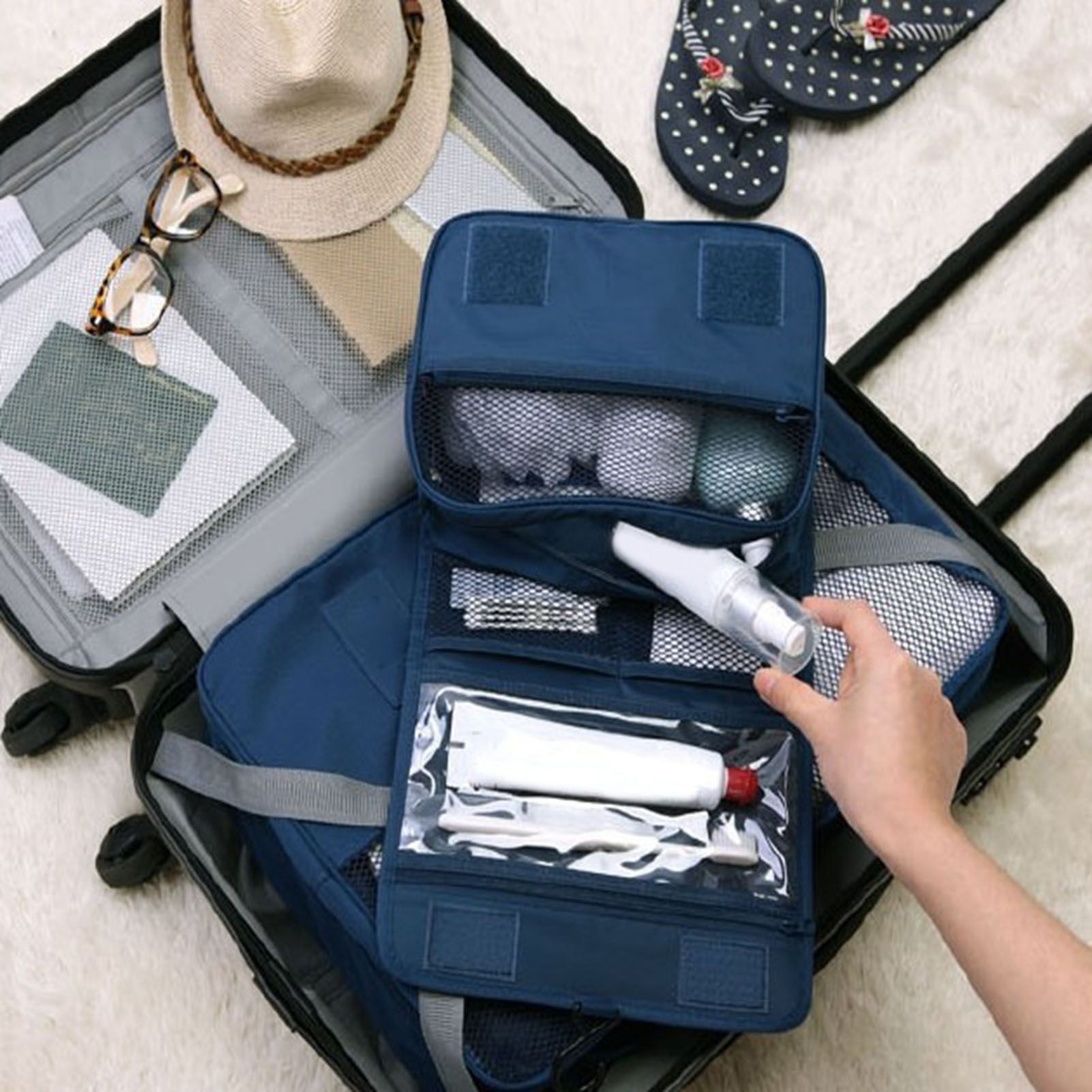 Hanging Toiletry Bag Cosmetic Bag Foldable Makeup Bag with Hook and Tote Navy view 12