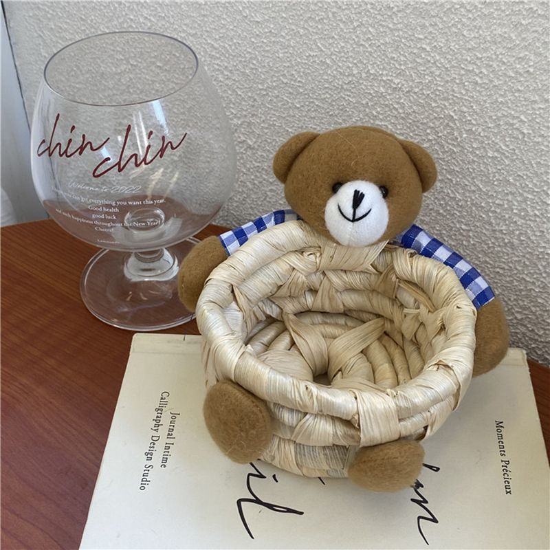 Cute Cartoon Bear Storage Basket Straw Storage Basket for Desktop Office Bedroom S — image 1