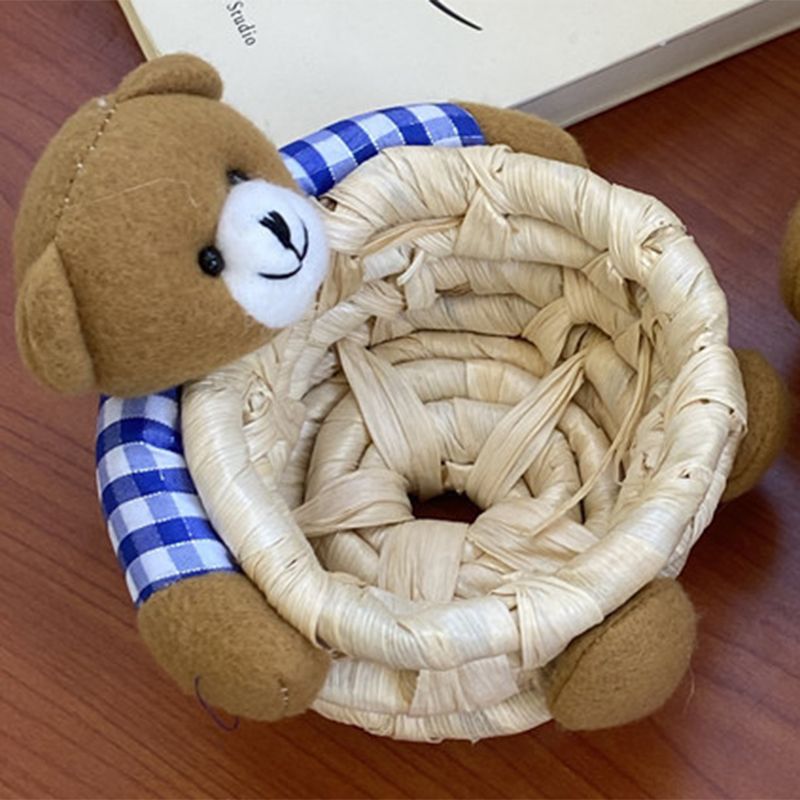 Cute Cartoon Bear Storage Basket Straw Storage Basket for Desktop Office Bedroom S view 2